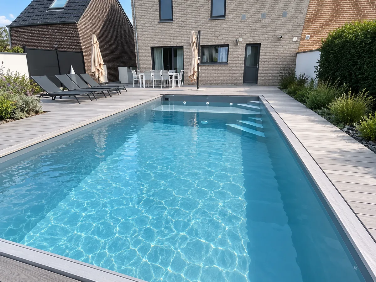 Bassin rectangulaire bleu-gris, eau limpide, escalier d’angle immergé, terrasse en bois et maison en briques