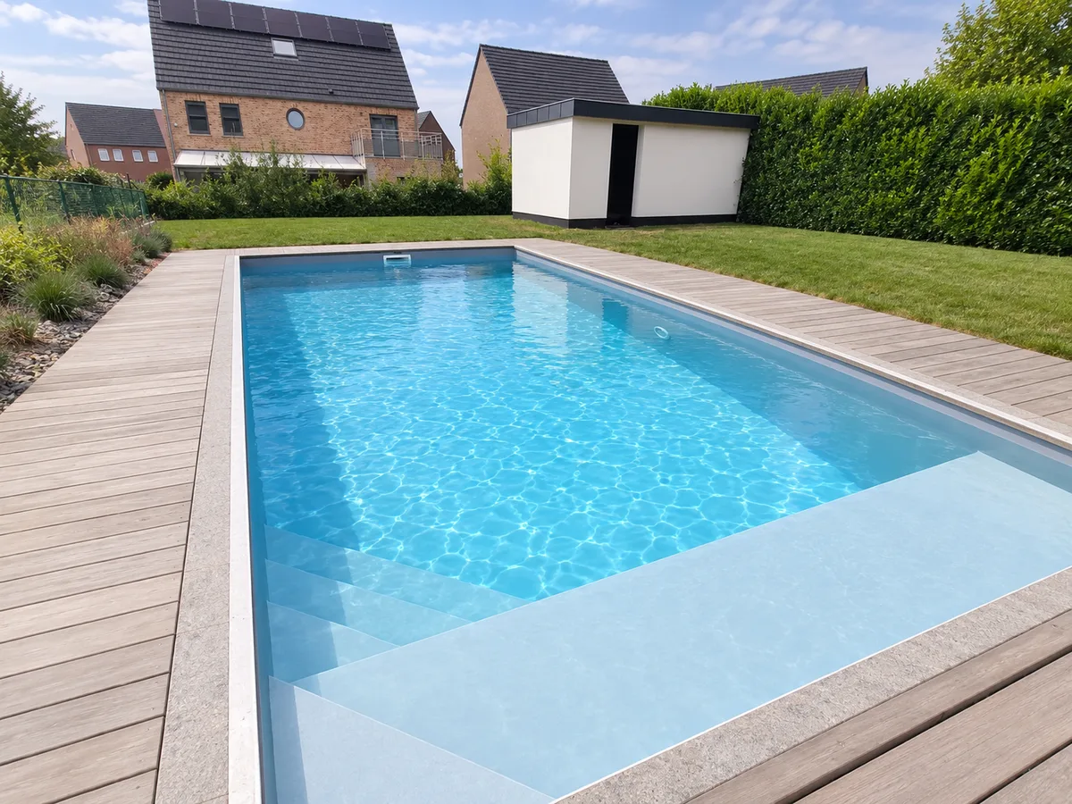Piscine rectangulaire bleu clair, eau turquoise, grande plage immergée, terrasse en bois, pelouse et petit bâtiment blanc