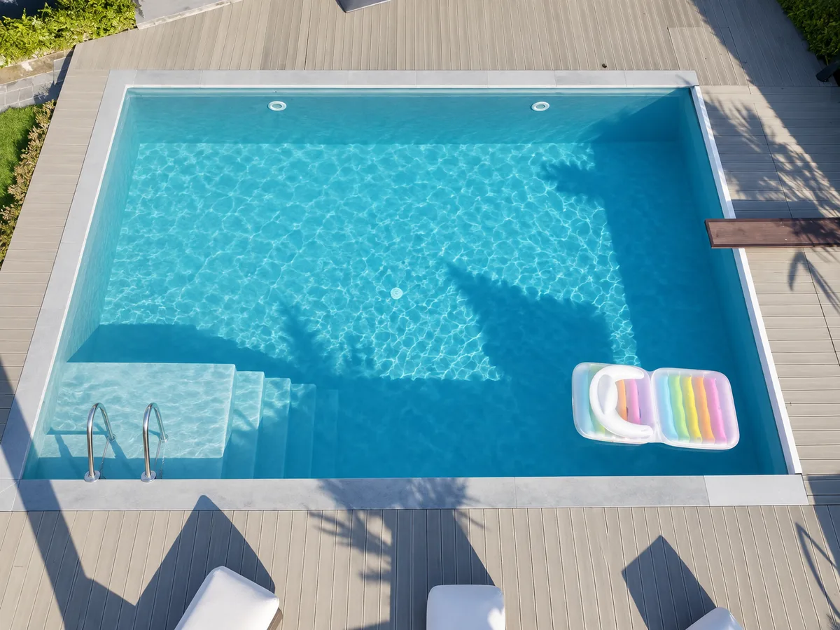Piscine rectangulaire vue du dessus, membrane bleu clair, eau turquoise, escalier d’angle, terrasse grise et matelas multicolore