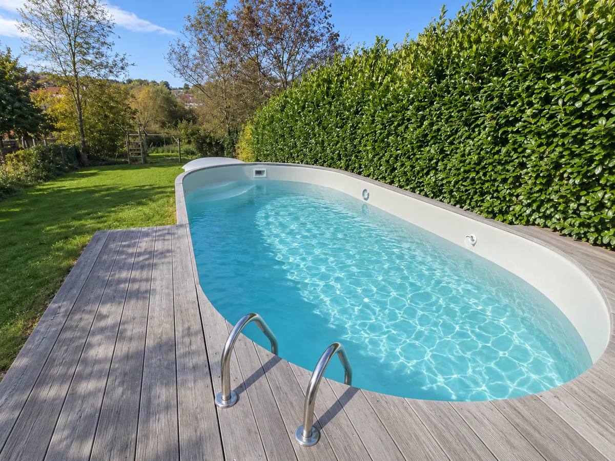 Bassin ovale gris clair, eau turquoise, échelle inox, terrasse en bois brun, pelouse et haie dense