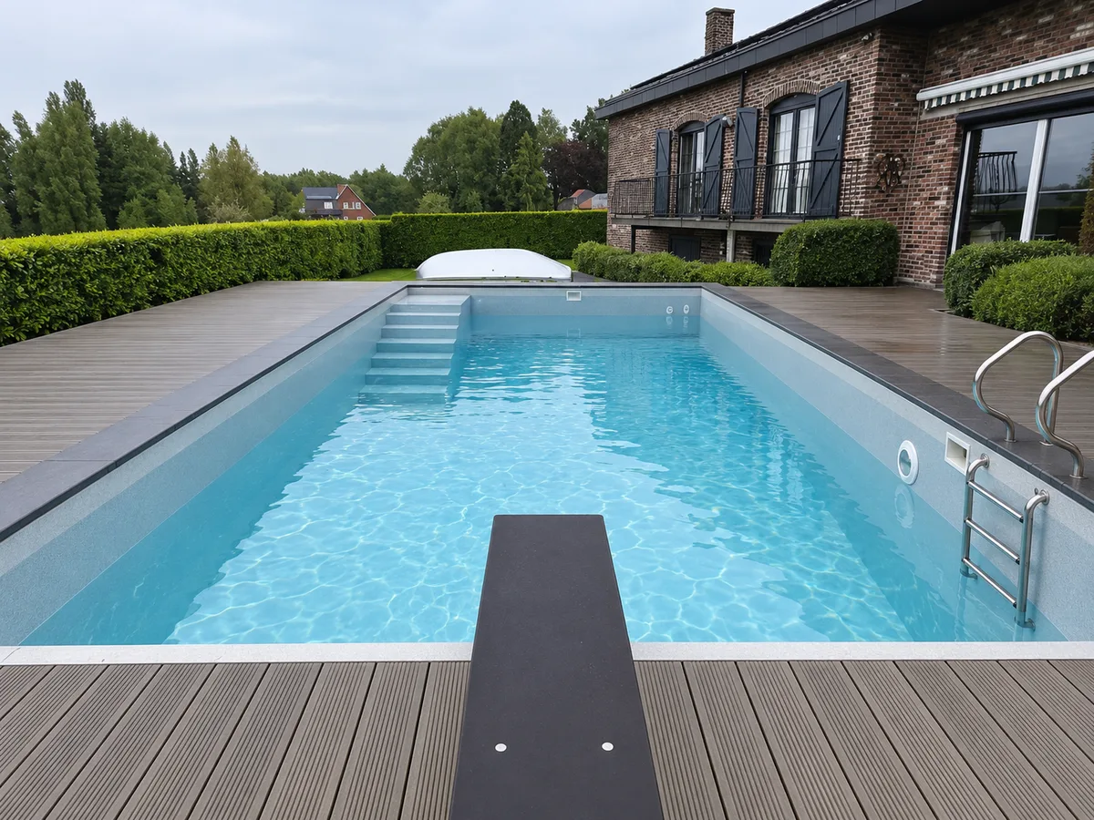 Piscine rectangulaire bleu clair, eau turquoise, échelle inox, plongeoir noir, terrasse grise, haies et maison ancienne