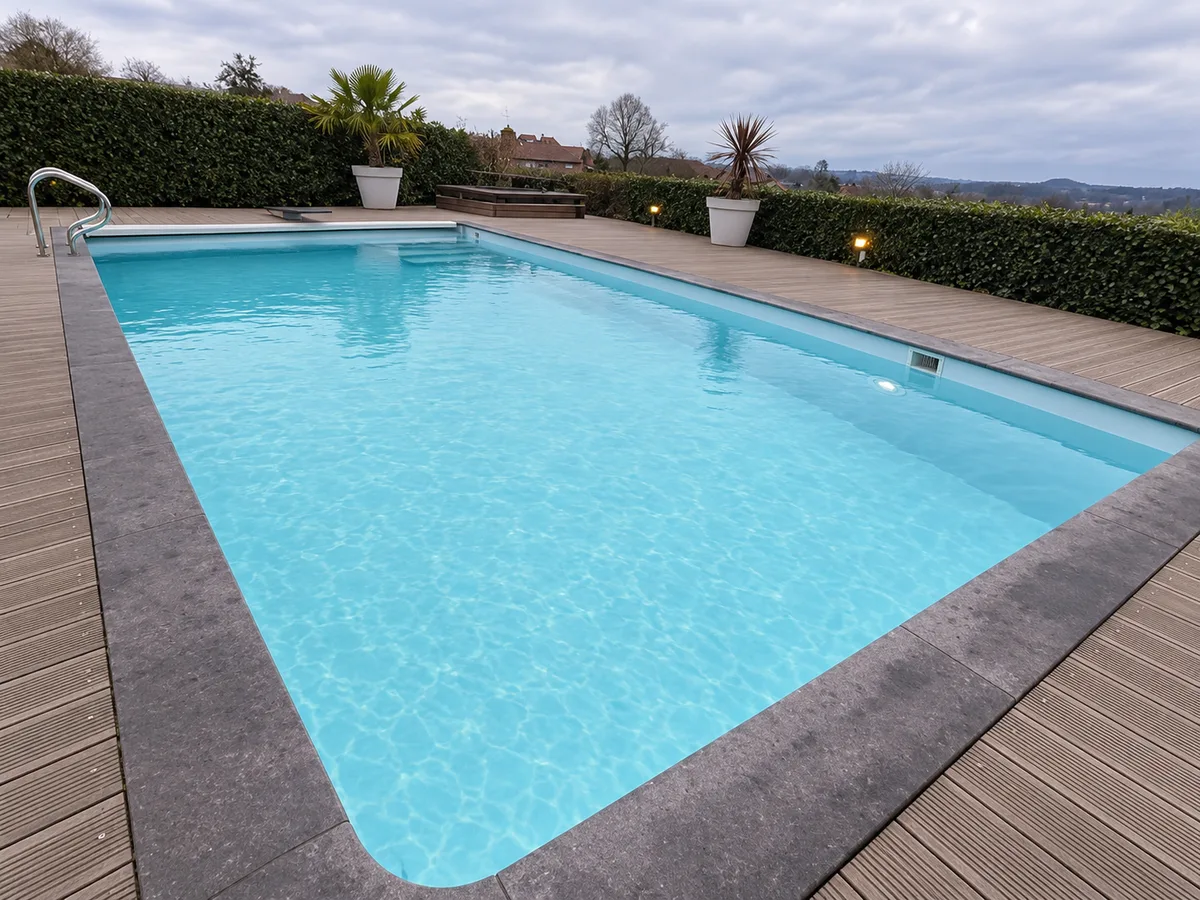 Piscine rectangulaire bleu clair, eau turquoise, échelle inox, margelles sombres, terrasse en bois, haies et ciel nuageux