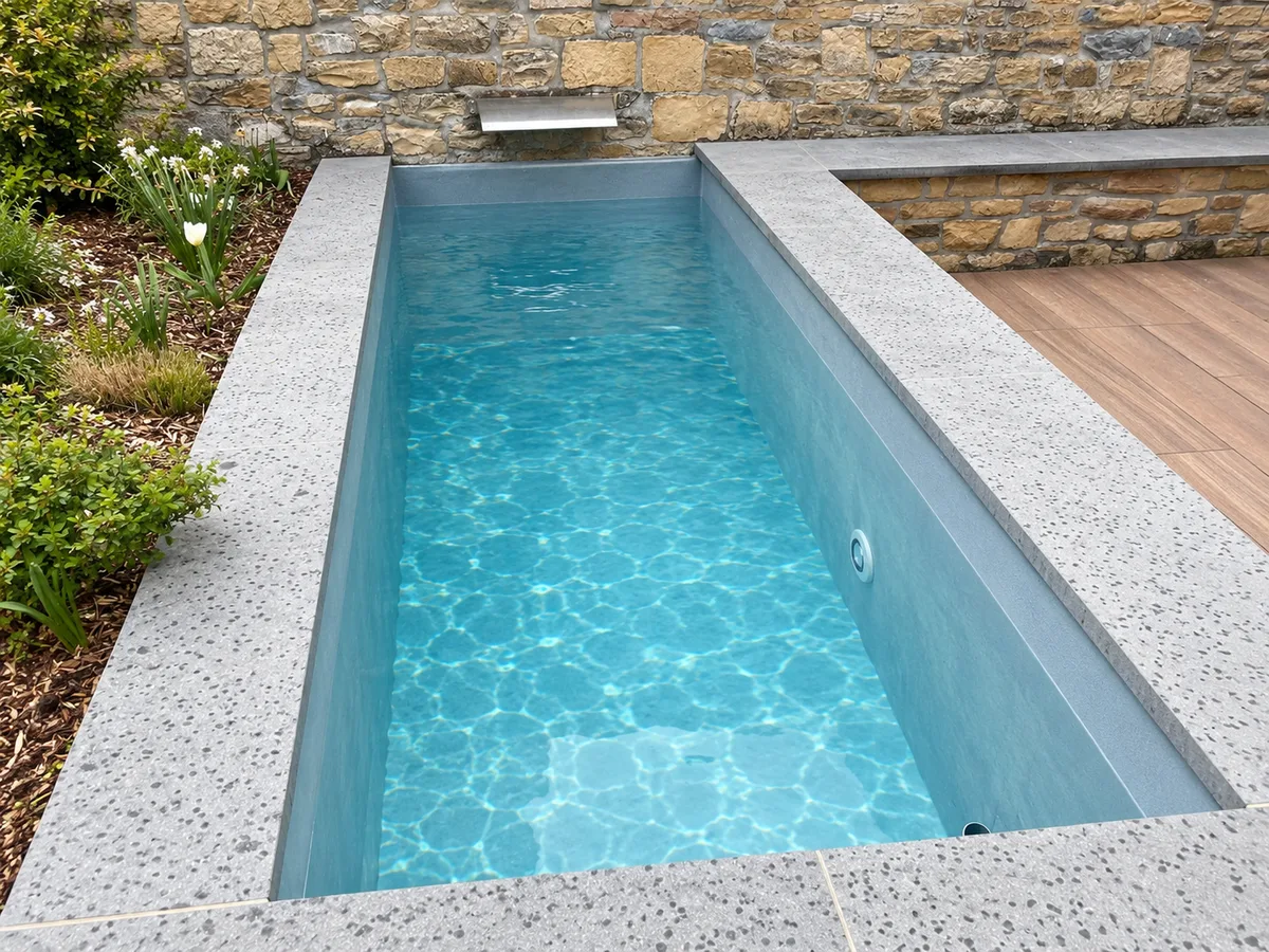 Petit bassin rectangulaire gris-bleu, eau turquoise, margelles grises mouchetées, mur en pierre et massif fleuri