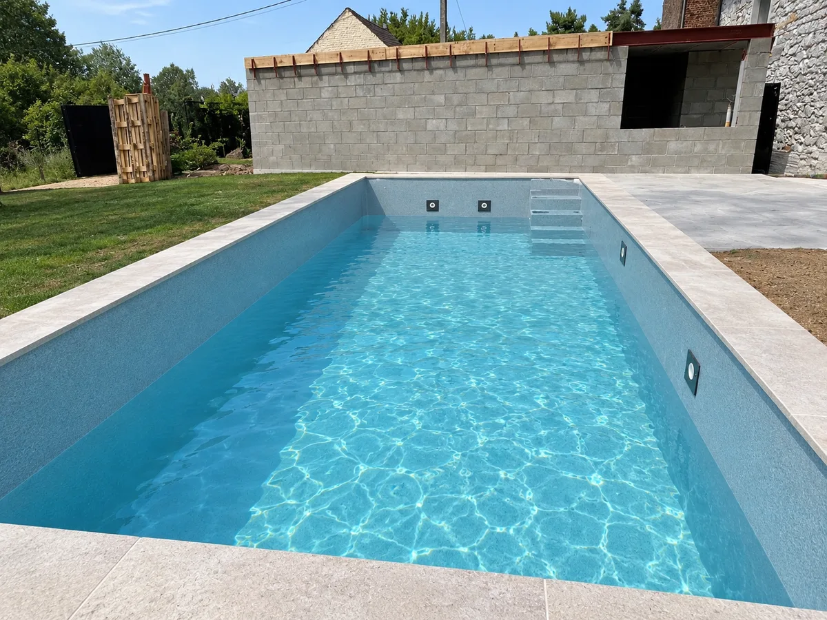Piscine rectangulaire gris-bleu, eau turquoise, escalier d’angle, margelles claires, pelouse et mur en blocs gris