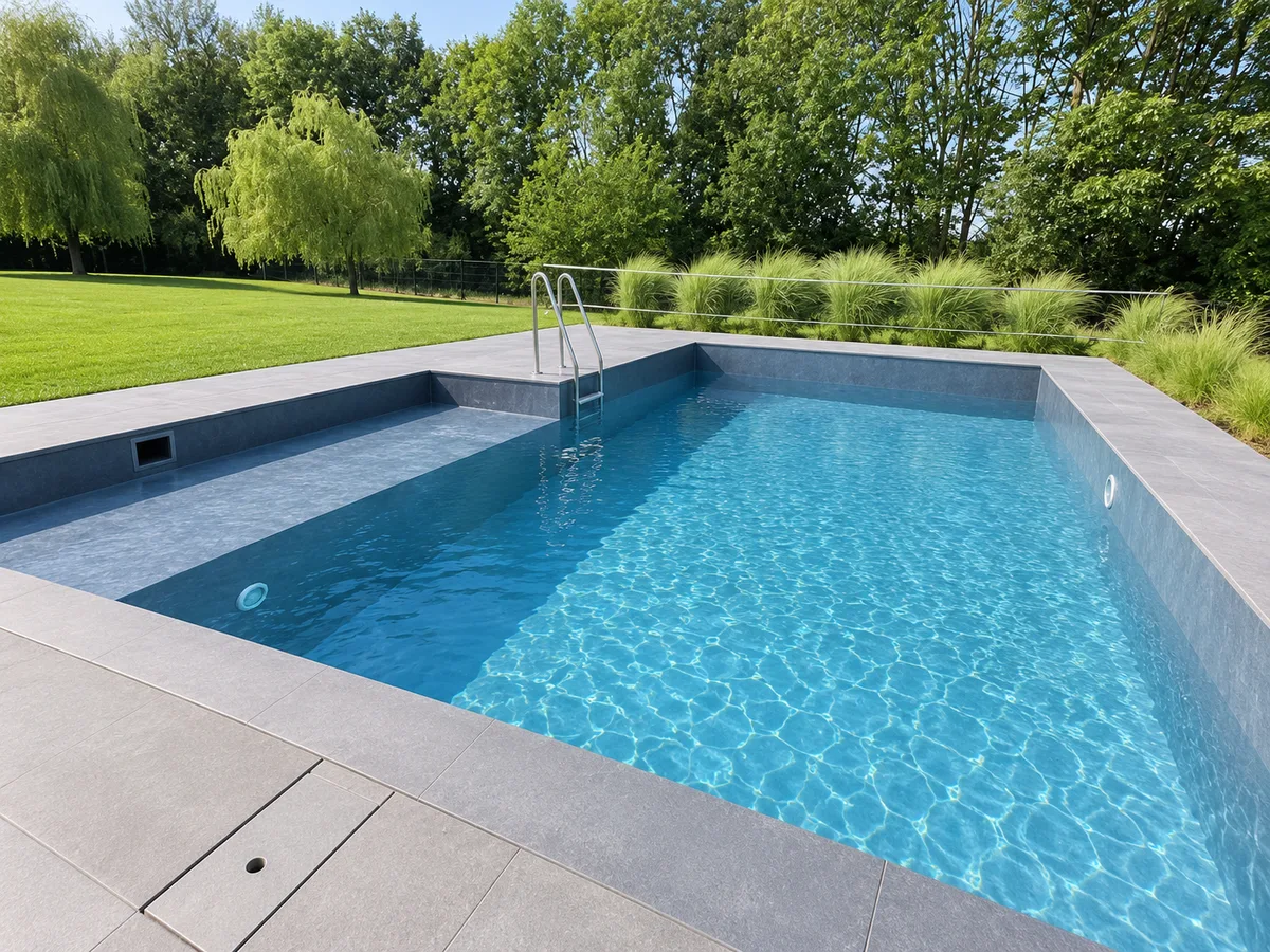 Piscine rectangulaire gris foncé, eau turquoise, longue banquette immergée, échelle inox, terrasse grise, saules et graminées