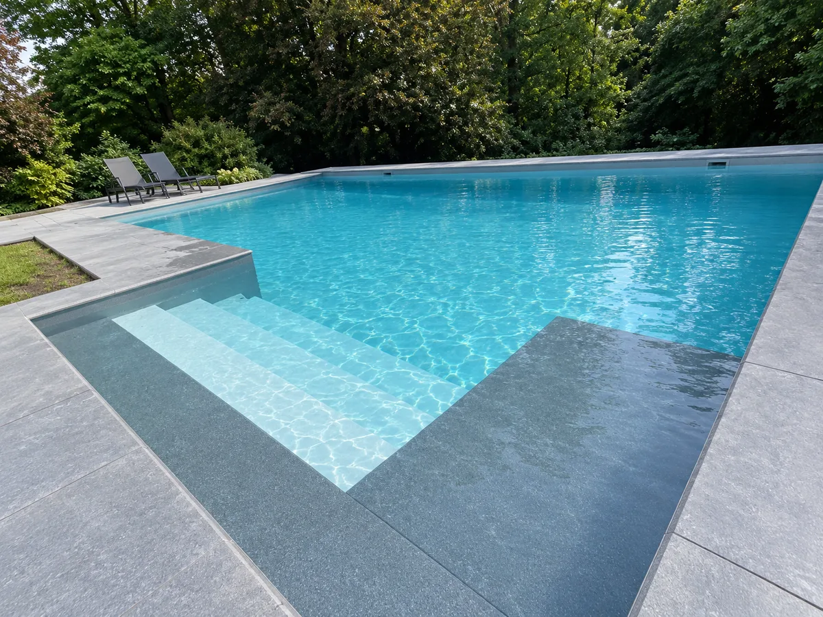 Grande piscine rectangulaire gris foncé, eau turquoise, large escalier d’angle, terrasse grise et jardin boisé