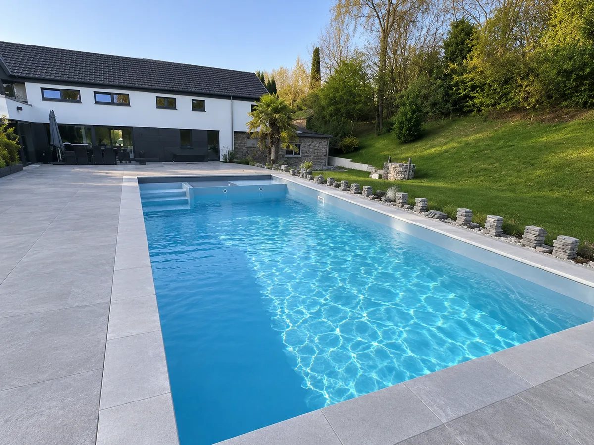 Piscine rectangulaire bleu clair, eau turquoise, large escalier, terrasse grise, maison blanche et talus arboré