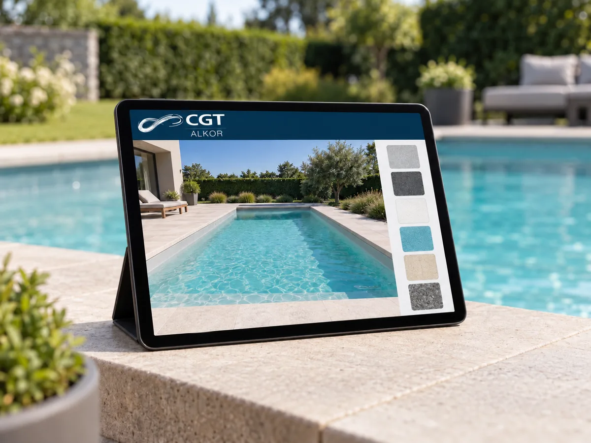 Configurateur de piscine CGT Alkor sur tablette au bord d'une piscine
